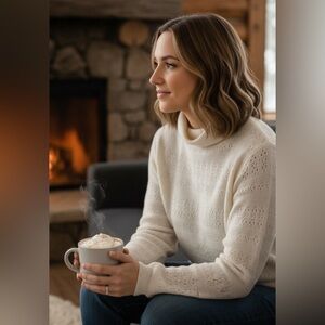 Handmade Pointelle Eyelet Knit Sweater Size M Ivory Cream Minimal Cozy Ski Lodge